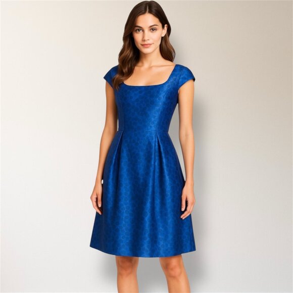 Kay Unger NY 6 Blue Jacquard Satin Square Neck Cap Sleeve Wedding Party Dress - Picture 2 of 8